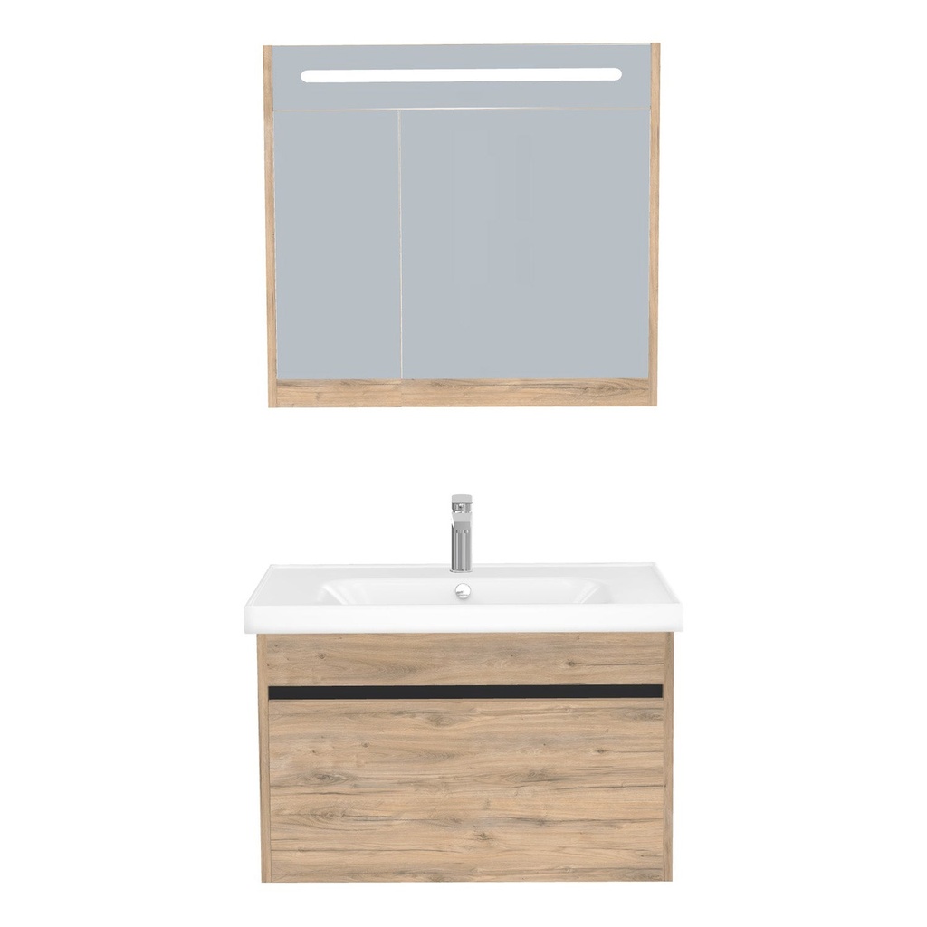 [B-AM-80-ST-WFR-LSK-DO] Amsterdam Badkamermeubel Set 80 cm Dorado - Onderkast MDF Softclose Greeploos 2 lades met Keramische Wastafel 1 kraangat en Badkamerspiegelkast met Led-verlichting