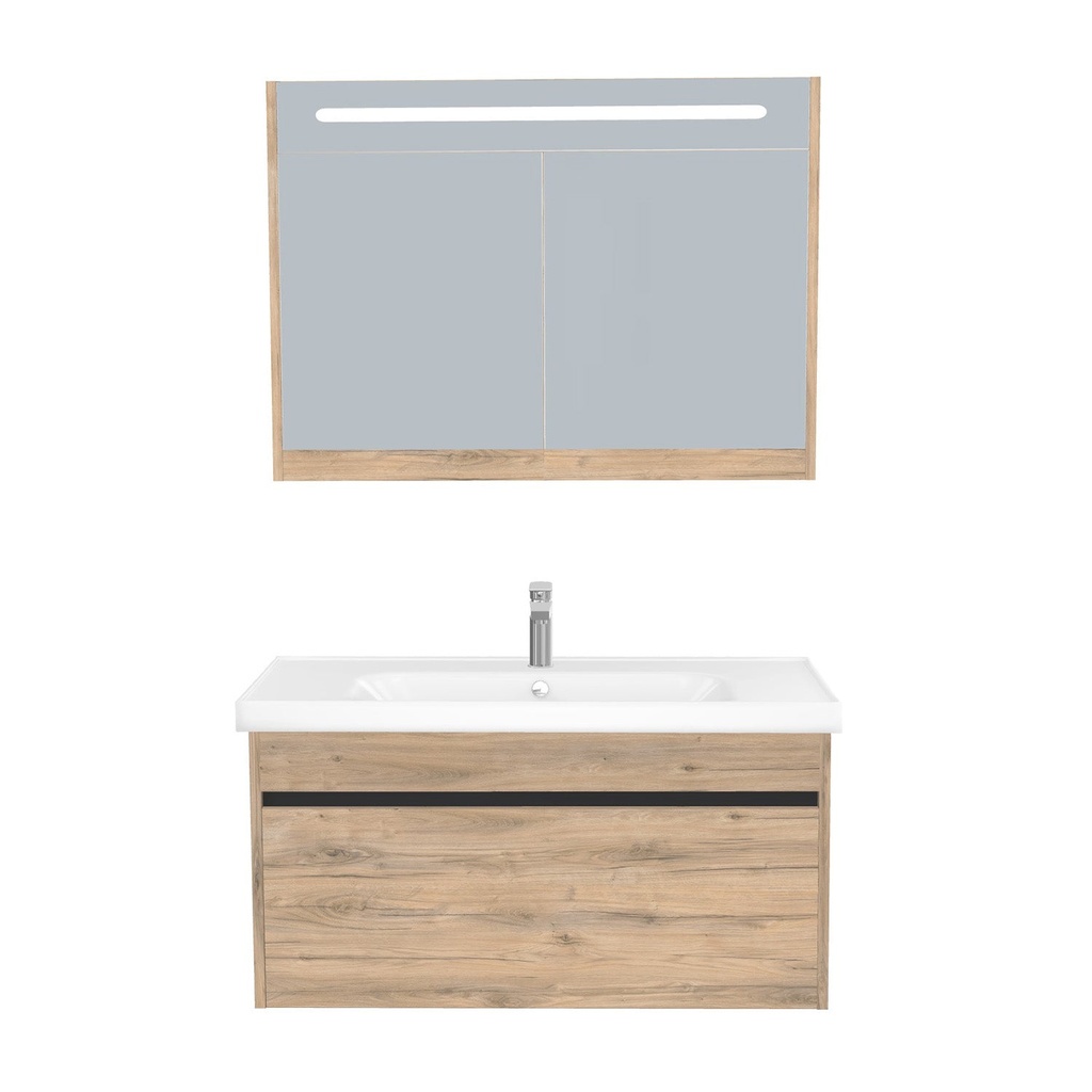 [B-AM-100-ST-WFR-LSK-DO] Amsterdam Badkamermeubel Set 100 cm Dorado - Onderkast MDF Softclose Greeploos 2 lades met Keramische Wastafel 1 kraangat en Badkamerspiegelkast met Led-verlichting