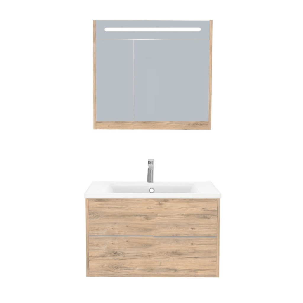 [A-ES-80-ST-WIB-LSK-DO] Essen Badkamermeubel Set 80 cm Dorado - Onderkast MDF Softclose Semi handgreep 2 lades met Keramische Wastafel 1 kraangat en Badkamerspiegelkast met Led-verlichting