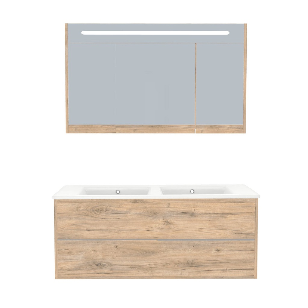 [A-ES-120-ST-WIB-LSK-DO] Essen Badkamermeubel Set 120 cm Dorado - Onderkast MDF Softclose Semi handgreep 2 lades met Keramische Wastafel 1 kraangat en Badkamerspiegelkast met Led-verlichting