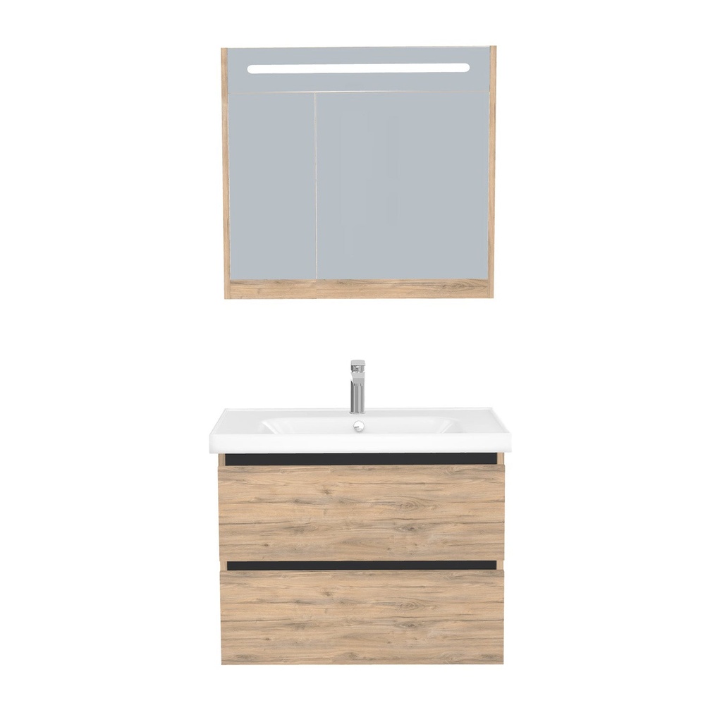 [T-BO-80-ST-WFR-LSK-DO] Bonn Badkamermeubel Set 80 cm Dorado - Onderkast MDF Softclose Greeploos 2 lades met Keramische Wastafel 1 kraangat en Badkamerspiegelkast met Led-verlichting