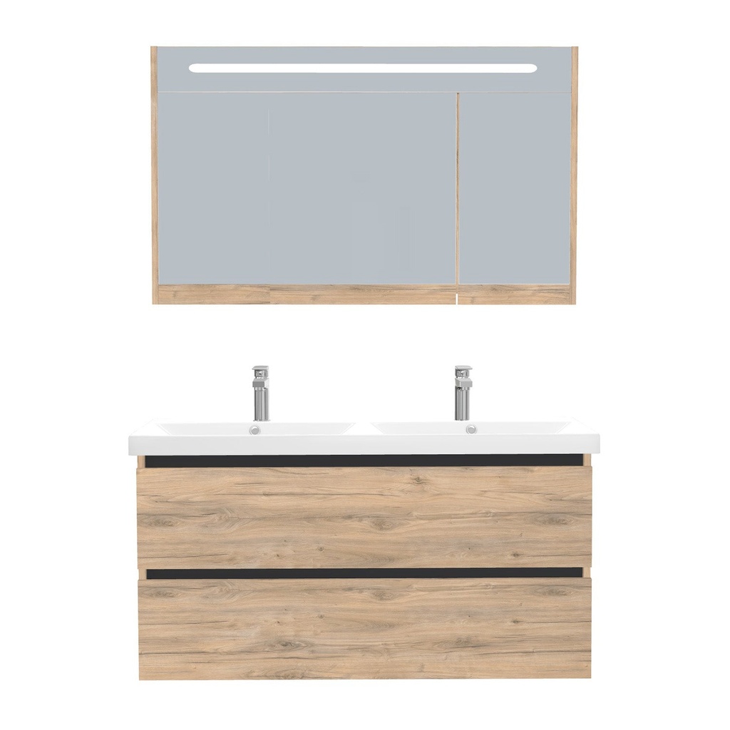 [T-BO-120-ST-WEL-LSK-DO] Bonn Badkamermeubel Set 120 cm Dorado - Onderkast MDF Softclose Greeploos 2 lades met Keramische Wastafel 2 kraangat en Badkamerspiegelkast met Led-verlichting