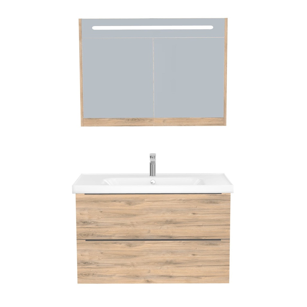 [T-FR-100-ST-WFR-LSK-DO] Frankfurt Badkamermeubel Set 100 cm Dorado - Onderkast MDF Softclose Semi handgreep 2 lades met Keramische Wastafel 1 kraangat en Badkamerspiegelkast met Led-verlichting
