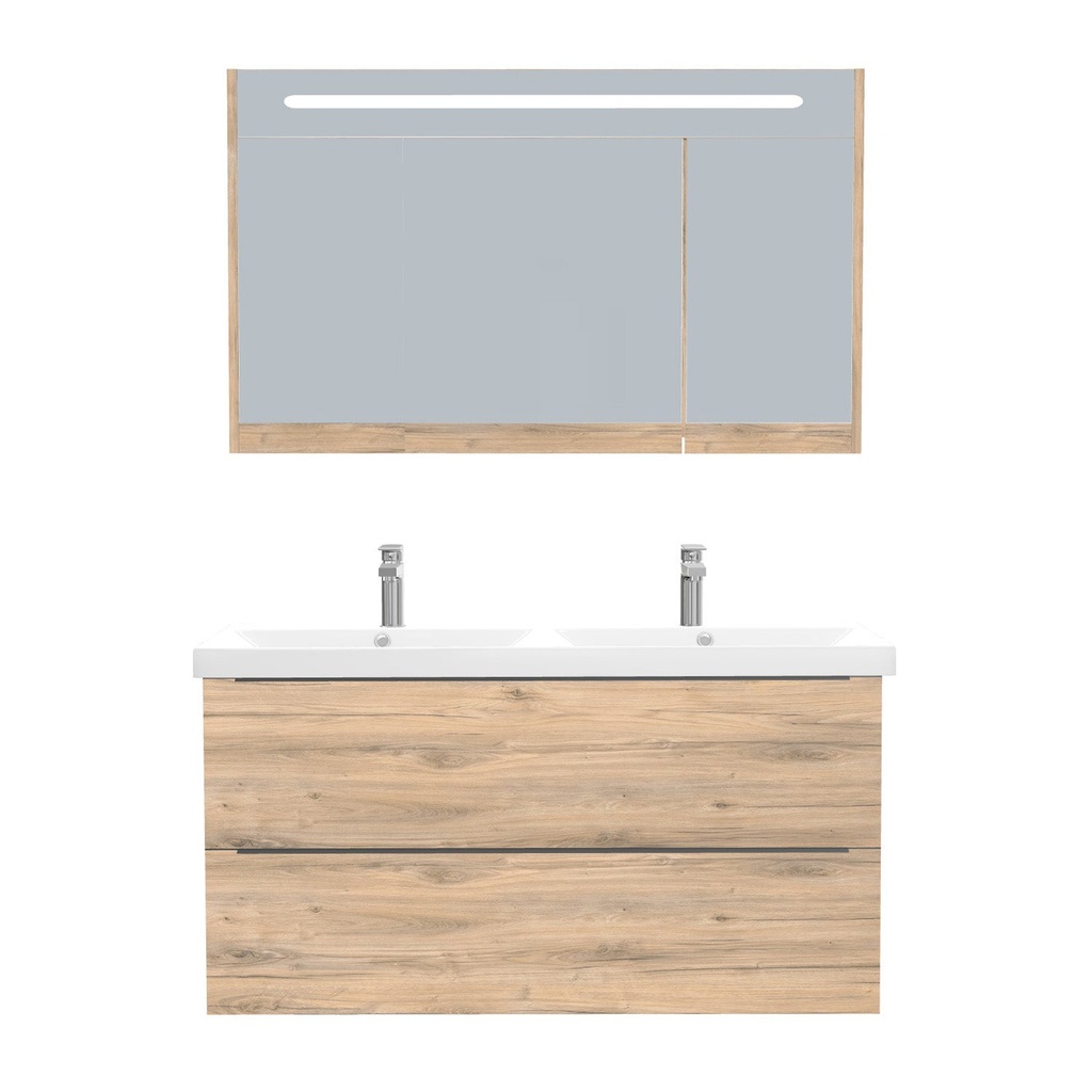 [T-FR-120-ST-WEL-LSK-DO] Frankfurt Badkamermeubel Set 120 cm Dorado - Onderkast MDF Softclose Semi handgreep 2 lades met Keramische Wastafel 2 kraangat en Badkamerspiegelkast met Led-verlichting