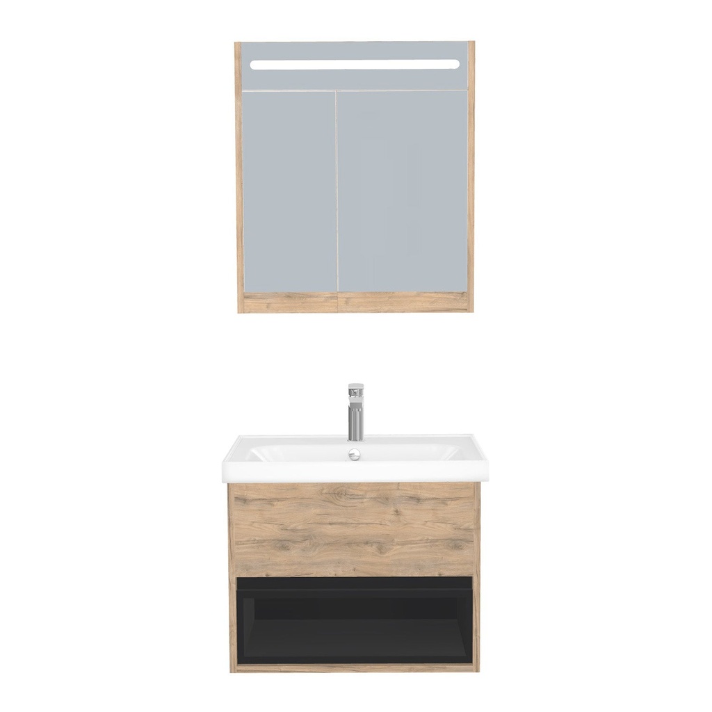 [C-PO-65-ST-WFR-LSK-DO] Pohlheim Badkamermeubel Set 65 cm Dorado - Onderkast MDF Softclose Greeploos 1 lade met Keramische Wastafel 1 kraangat en Badkamerspiegelkast met Led-verlichting