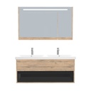 Pohlheim Badkamermeubel Set 120 cm Dorado - Onderkast MDF Softclose Greeploos 1 lade met Keramische Wastafel 2 kraangat en Badkamerspiegelkast met Led-verlichting