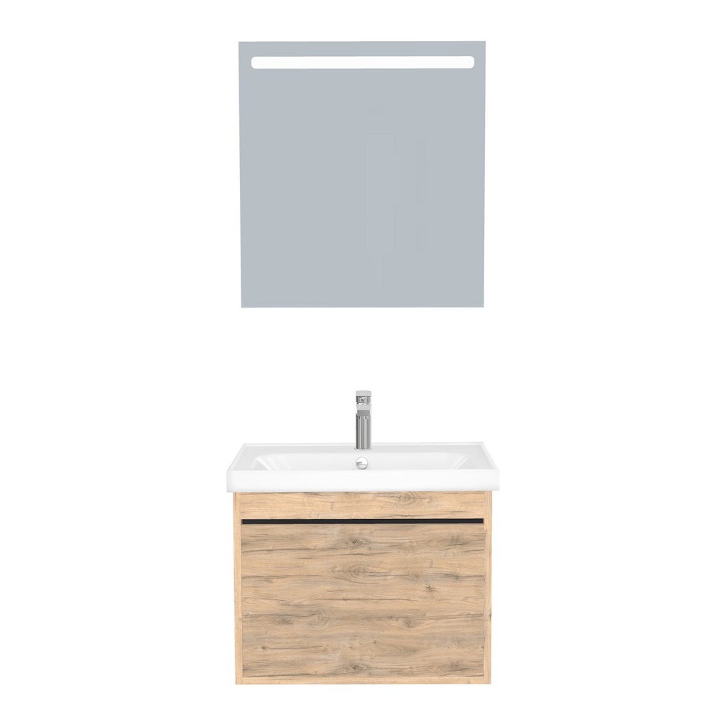 [B-OB-65-ST-WFR-LS-DO] Oberhausen Badkamermeubel Set 65 cm Dorado - Onderkast MDF Softclose semi handgreep 1 lade met Keramische Wastafel 1 kraangat en Badkamerspiegel met Led-verlichting