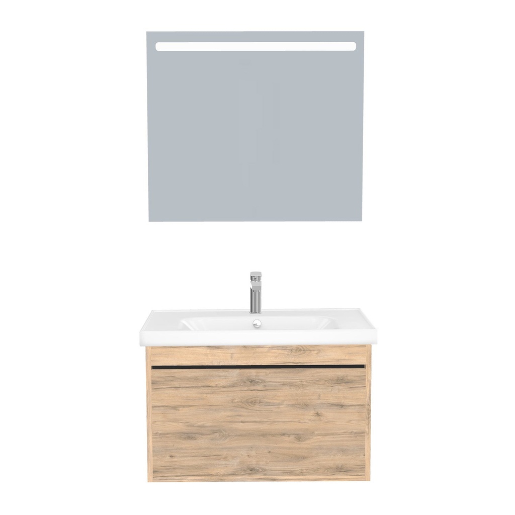 [B-OB-80-ST-WFR-LS-DO] Oberhausen Badkamermeubel Set 80 cm Dorado - Onderkast MDF Softclose semi handgreep 1 lade met Keramische Wastafel 1 kraangat en Badkamerspiegel met Led-verlichting