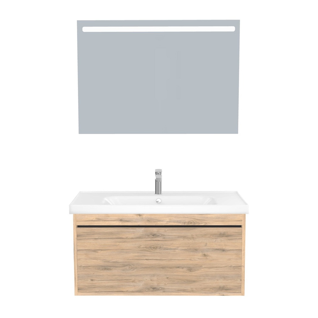 [B-OB-100-ST-WFR-LS-DO] Oberhausen Badkamermeubel Set 100 cm Dorado - Onderkast MDF Softclose Semi handgreep 1 lade met Keramische Wastafel 1 kraangat en Badkamerspiegel met Led-verlichting