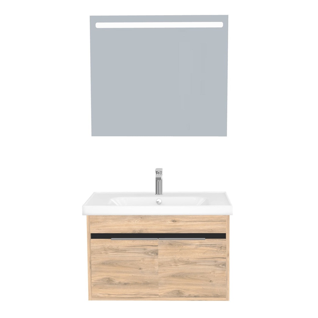 [B-KA-80-ST-WFR-LS-DO] Kassel Badkamermeubel Set 80 cm Dorado - Onderkast MDF Softclose Semi handgreep 2 deuren met Keramische Wastafel 1 kraangat en Badkamerspiegel met Led-verlichting