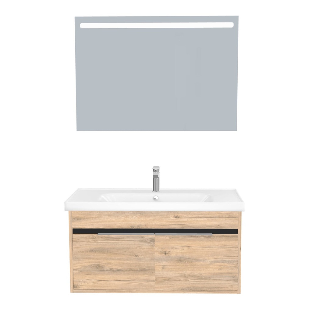 [B-KA-100-ST-WFR-LS-DO] Kassel Badkamermeubel Set 100 cm Dorado - Onderkast MDF Softclose Semi handgreep 2 deuren met Keramische Wastafel 1 kraangat en Badkamerspiegel met Led-verlichting