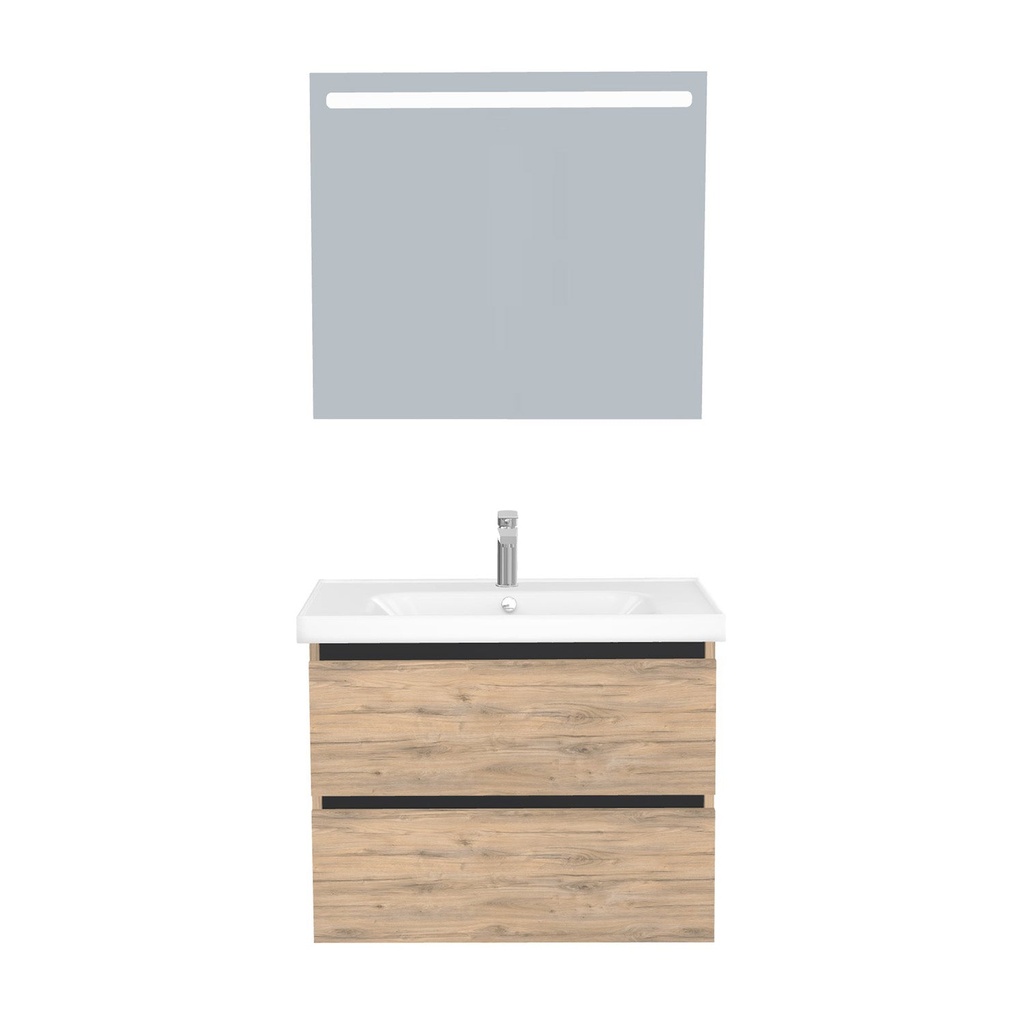 [T-BO-80-ST-WFR-LS-DO] Bonn Badkamermeubel Set 80 cm Dorado - Onderkast MDF Softclose Greeploos 2 lades met Keramische Wastafel 1 kraangat en Badkamerspiegel met Led-verlichting