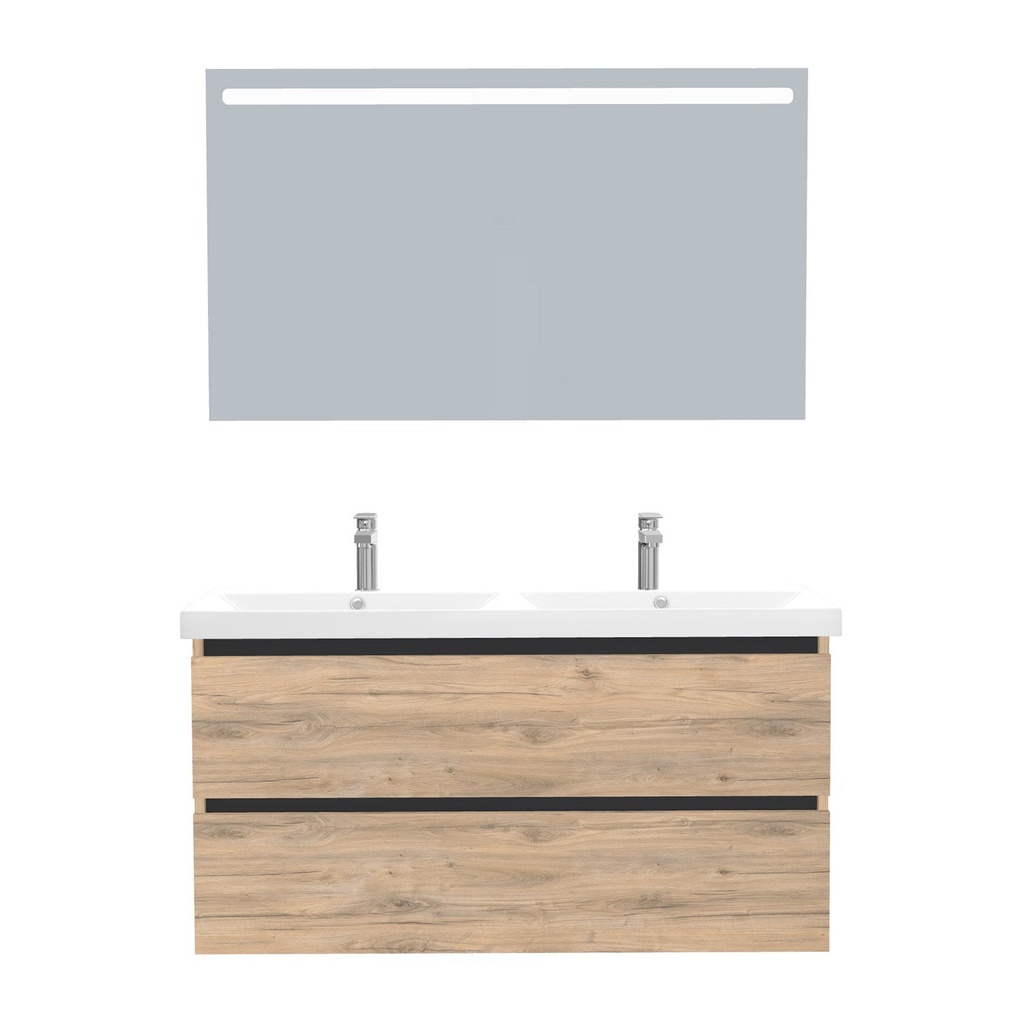 [T-BO-120-ST-WEL-LS-DO] Bonn Badkamermeubel Set 120 cm Dorado - Onderkast MDF Softclose Greeploos 2 lades met Keramische Wastafel 2 kraangat en Badkamerspiegel met Led-verlichting
