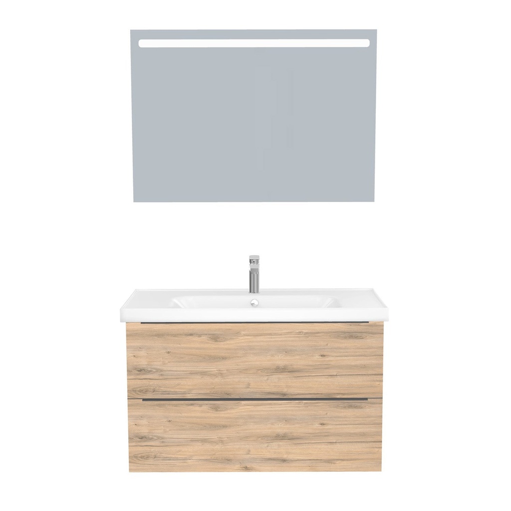 [T-FR-100-ST-WFR-LS-DO] Frankfurt Badkamermeubel Set 100 cm Dorado - Onderkast MDF Softclose Semi handgreep 2 lades met Keramische Wastafel 1 kraangat en Badkamerspiegel met Led-verlichting