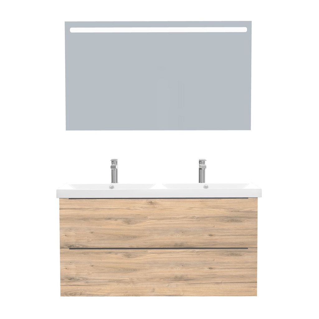 [T-FR-120-ST-WEL-LS-DO] Frankfurt Badkamermeubel Set 120 cm Dorado - Onderkast MDF Softclose Semi handgreep 2 lades met Keramische Wastafel 2 kraangat en Badkamerspiegel met Led-verlichting