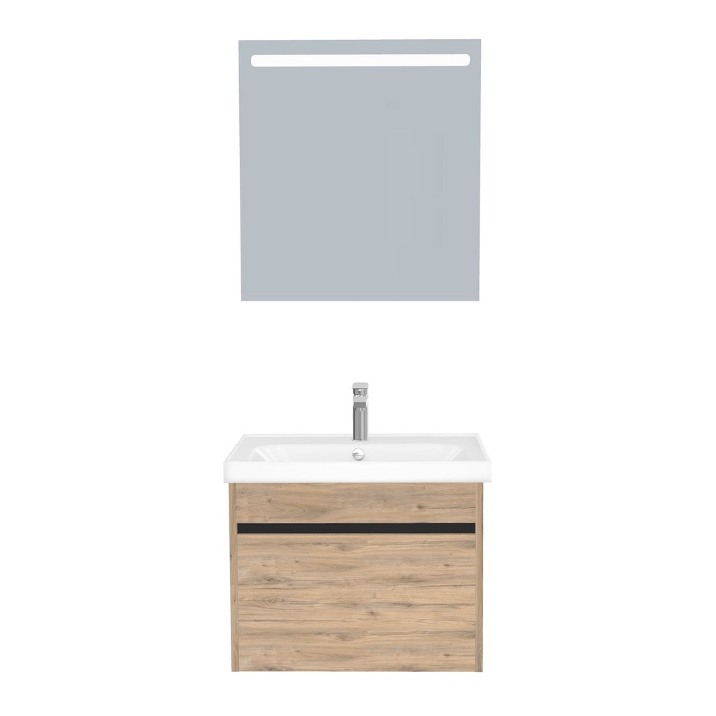 [B-AM-65-ST-WFR-LS-DO] Amsterdam Badkamermeubel Set 65 cm Dorado - Onderkast MDF Softclose Greeploos 2 lades met Keramische Wastafel 1 kraangat en Badkamerspiegel met Led-verlichting