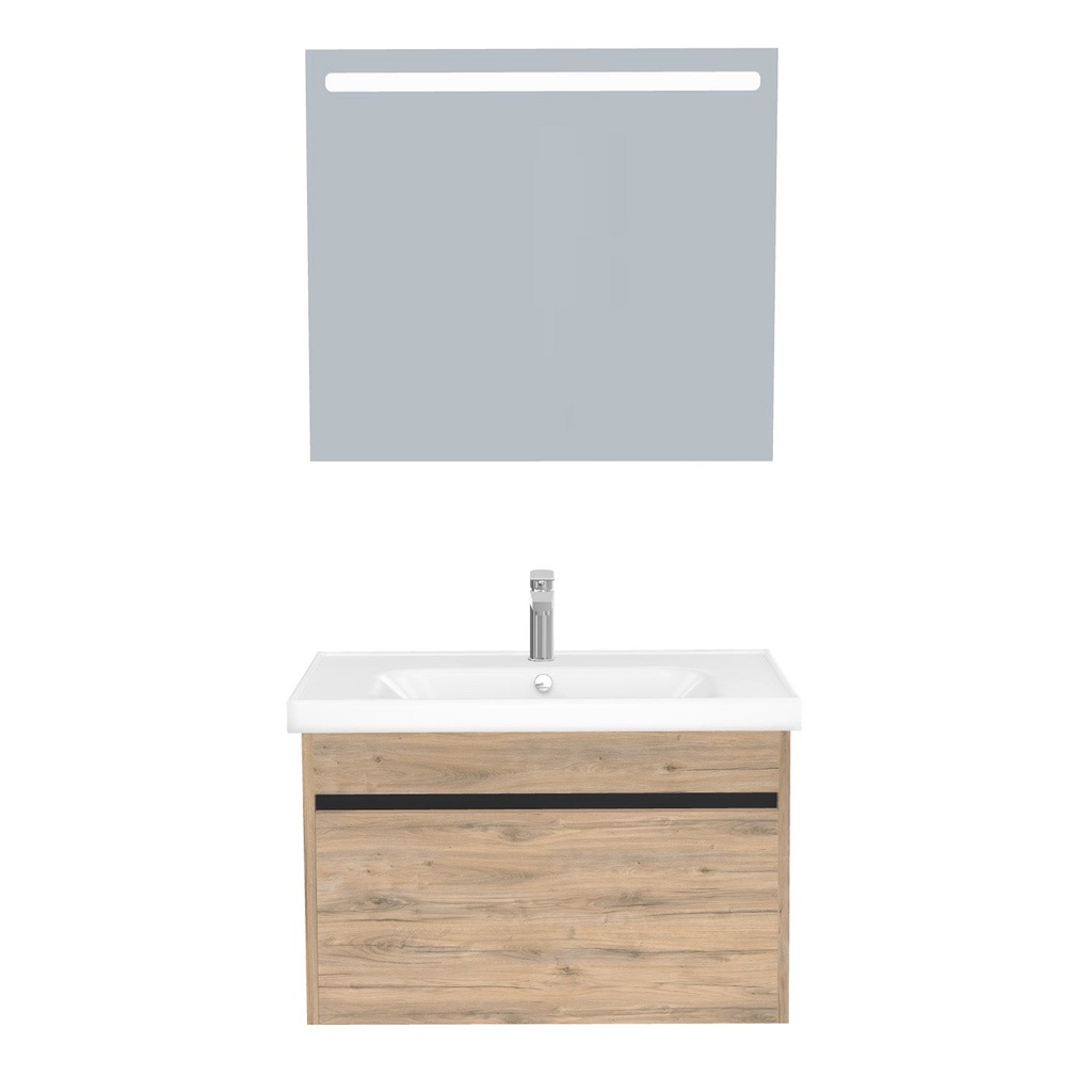 [B-AM-80-ST-WFR-LS-DO] Amsterdam Badkamermeubel Set 80 cm Dorado - Onderkast MDF Softclose Greeploos 2 lades met Keramische Wastafel 1 kraangat en Badkamerspiegel met Led-verlichting