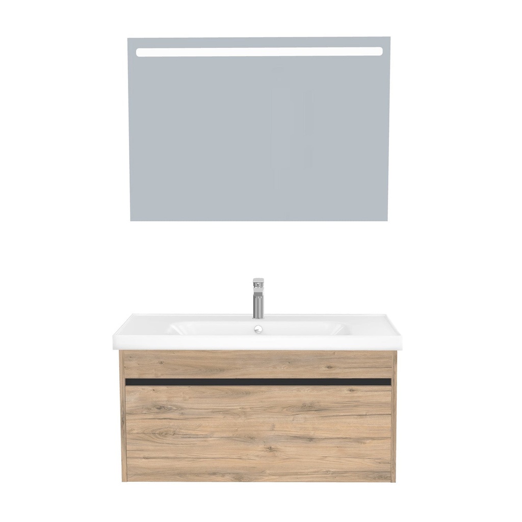 [B-AM-100-ST-WFR-LS-DO] Amsterdam Badkamermeubel Set 100 cm Dorado - Onderkast MDF Softclose Greeploos 2 lades met Keramische Wastafel 1 kraangat en Badkamerspiegel met Led-verlichting