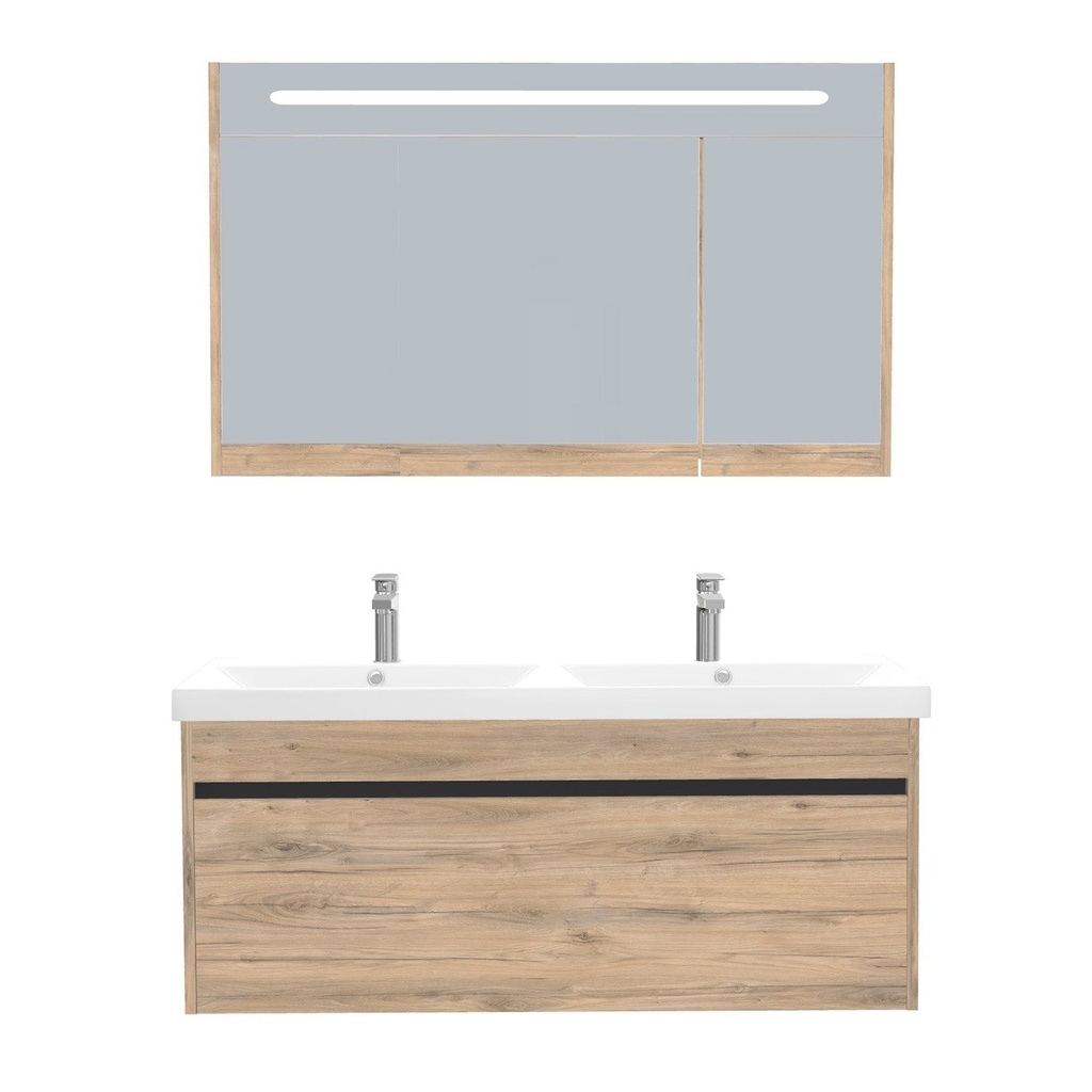 [B-AM-120-ST-WEL-LSK-DO] Amsterdam Badkamermeubel Set 120 cm Dorado - Onderkast MDF Softclose Greeploos 2 lades met Keramische Wastafel 2 kraangat en Badkamerspiegelkast met Led-verlichting