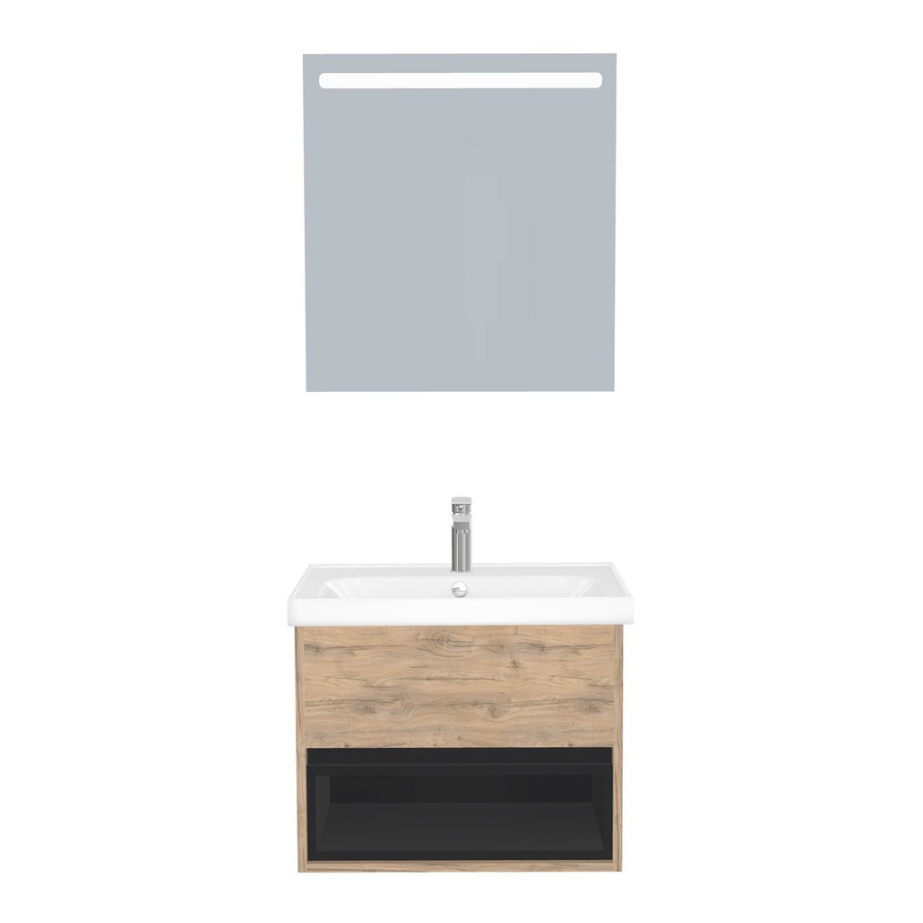 [C-PO-65-ST-WFR-LS-DO] Pohlheim Badkamermeubel Set 65 cm Dorado - Onderkast MDF Softclose Greeploos 1 lade met Keramische Wastafel 1 kraangat en Badkamerspiegel met Led-verlichting