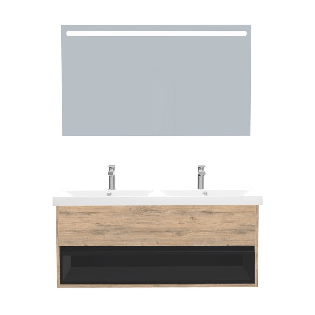 [C-PO-120-ST-WEL-LS-DO] Pohlheim Badkamermeubel Set 120 cm Dorado - Onderkast MDF Softclose Greeploos 1 lade met Keramische Wastafel 2 kraangat en Badkamerspiegel met Led-verlichting
