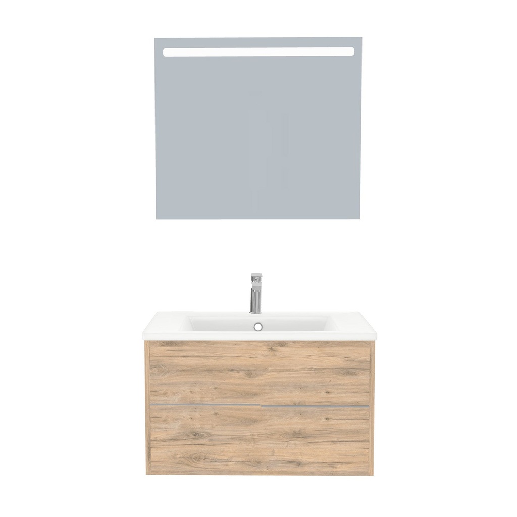 [A-ES-80-ST-WIB-LS-DO] Essen Badkamermeubel Set 80 cm Dorado - Onderkast MDF Softclose Semi handgreep 2 lades met Keramische Wastafel 1 kraangat en Badkamerspiegel met Led-verlichting