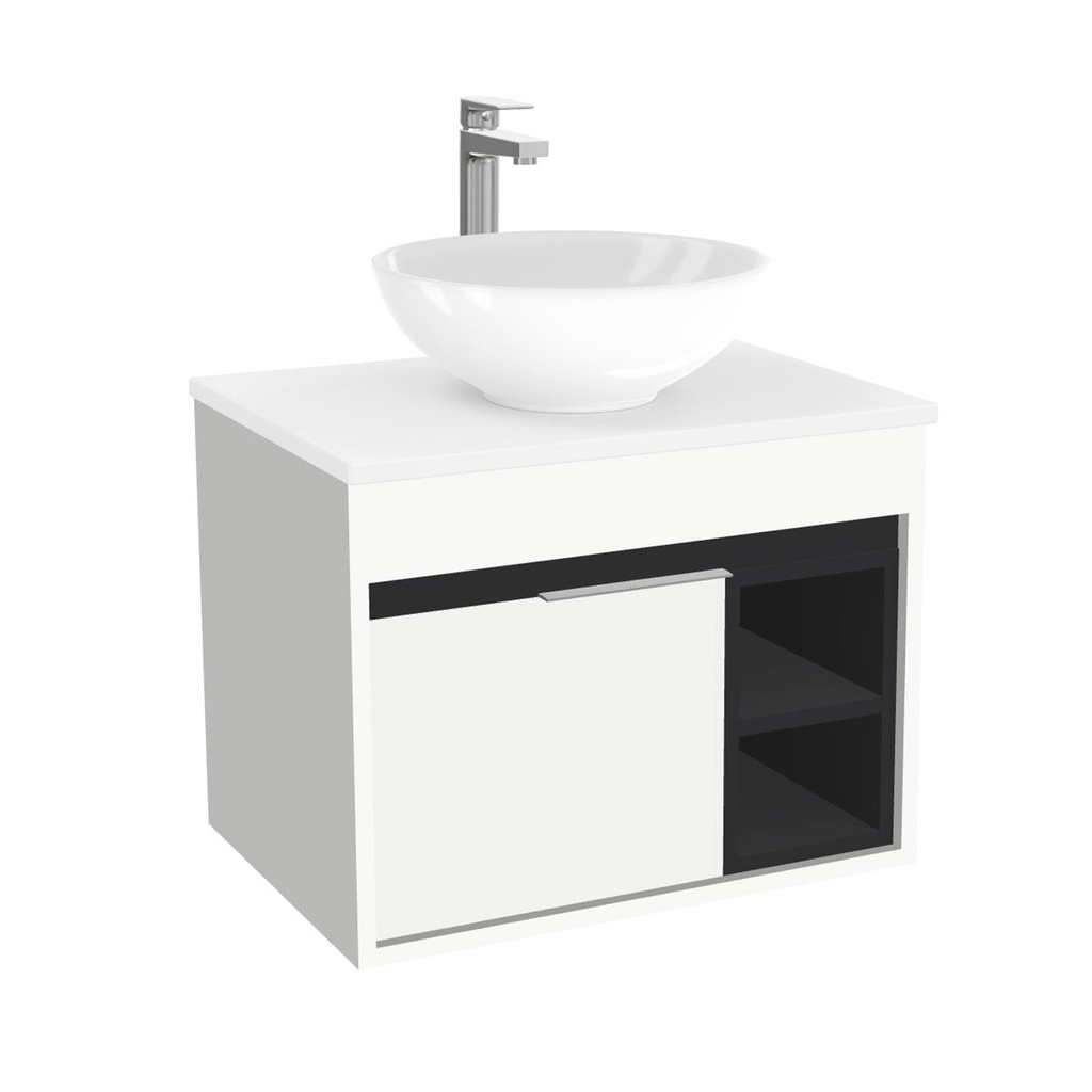 [BAA65HWTWBM25Z] Aachen Badkamermeubel 65 cm Hoogglans Wit - Onderkast MDF - Softclose semi handgreep 1 deur Inclusief keramische waskom met wastafelblad (MDF Zwart 25mm, Toledo)