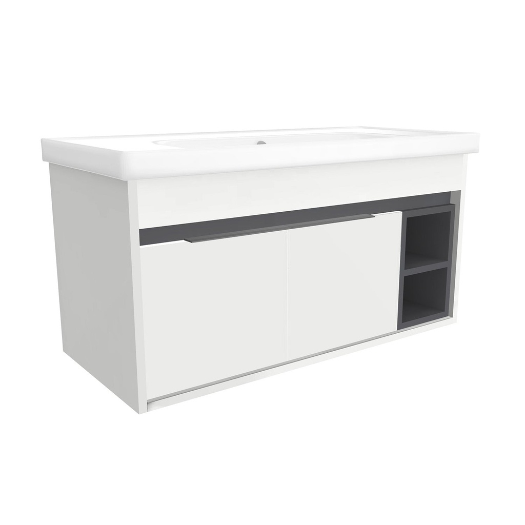 [C-AC-100-0K-HW-W-FR] Aachen 100 cm Hoogglans Wit - Onderkast MDF Softclose Semi handgreep 2 deur met Keramische Wastafel 1 kraangat - Wastafelmeubel Met Frame Wastafels