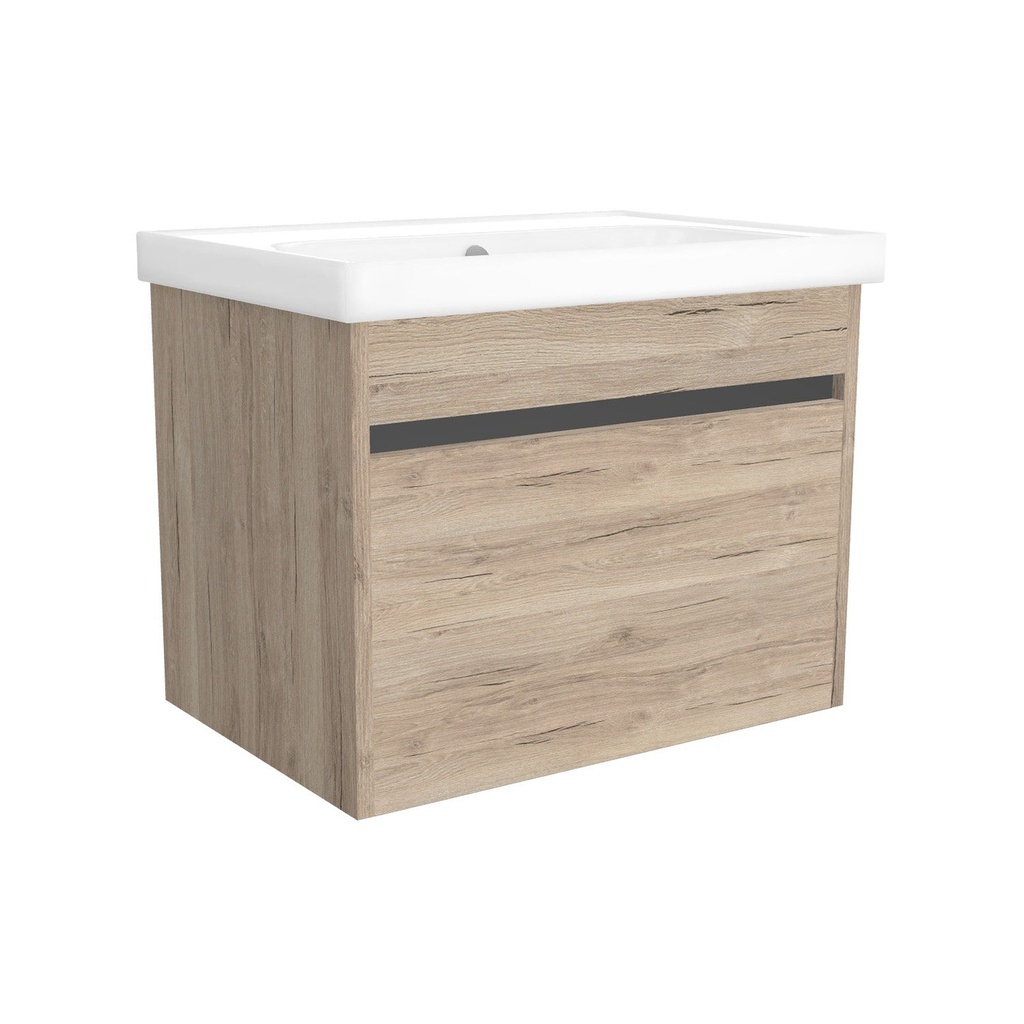 [B-AM-65-OK-DE-W-FR] Amsterdam 65 cm Duitse Eik - Onderkast MDF Softclose Greeploos 2 lades met Keramische Wastafel 1 kraangat - Wastafelmeubel Met Frame Wastafels