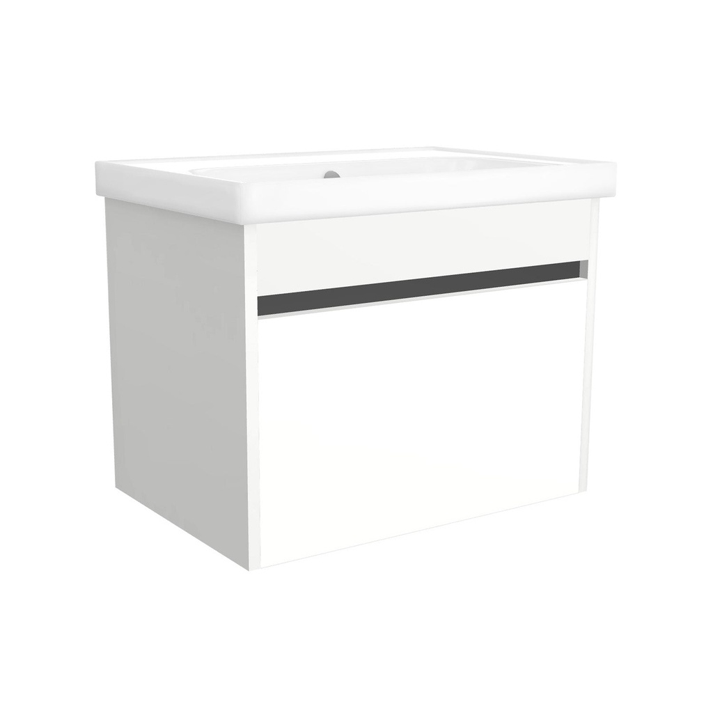 [B-AM-65-OK-HW-W-FR] Amsterdam 65 cm Hoogglans Wit - Onderkast MDF Softclose Greeploos 2 lades met Keramische Wastafel 1 kraangat - Wastafelmeubel Met Frame Wastafels