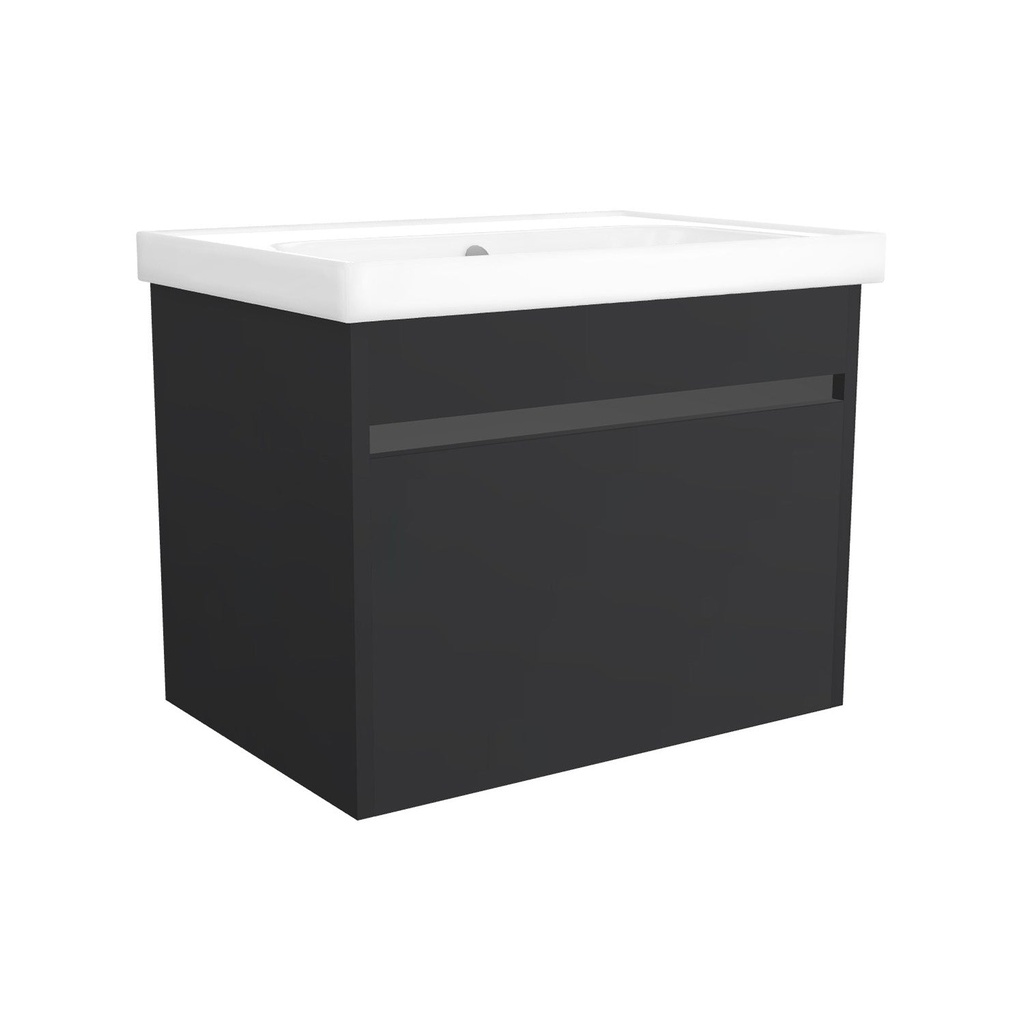 [B-AM-65-OK-MS-W-FR] Amsterdam 65 cm Mat Zwart - Onderkast MDF Softclose Greeploos 2 lades met Keramische Wastafel 1 kraangat - Wastafelmeubel Met Frame Wastafels