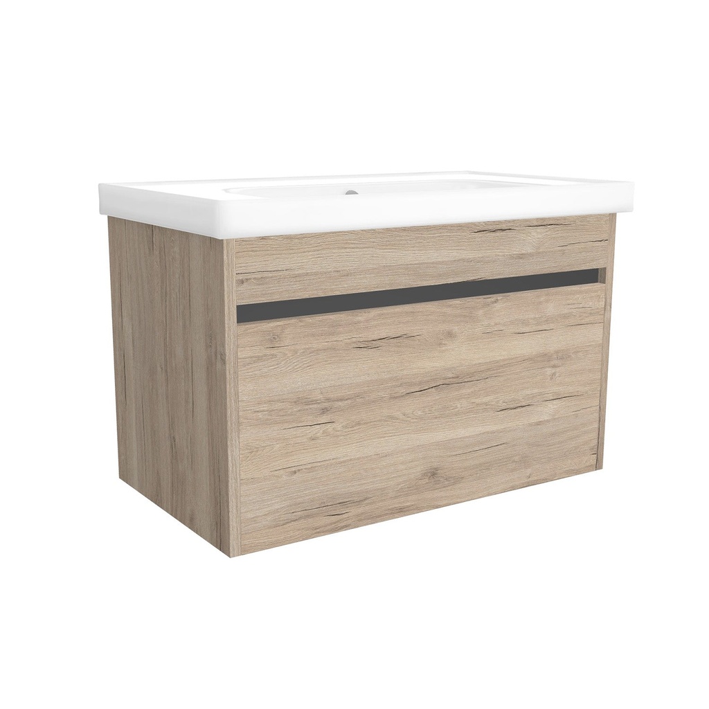 [B-AM-80-OK-DE-W-FR] Amsterdam 80 cm Duitse Eik - Onderkast MDF Softclose Greeploos 2 lades met Keramische Wastafel 1 kraangat - Wastafelmeubel Met Frame Wastafels