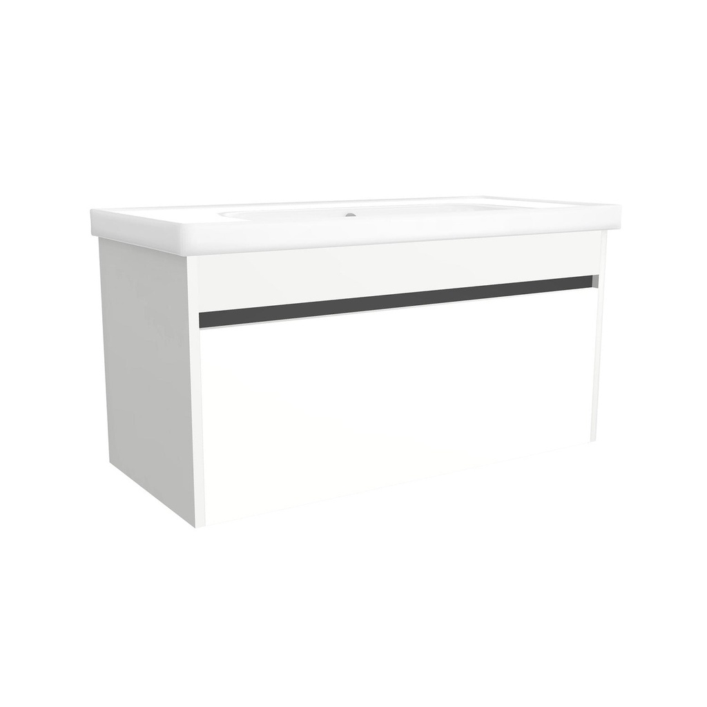 [B-AM-100-OK-HW-W-FR] Amsterdam 100 cm Hoogglans Wit - Onderkast MDF Softclose Greeploos 2 lades met Keramische Wastafel 1 kraangat - Wastafelmeubel Met Frame Wastafels