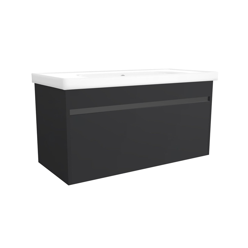 [B-AM-100-OK-MS-W-FR] Amsterdam 100 cm Mat Zwart - Onderkast MDF Softclose Greeploos 2 lades met Keramische Wastafel 1 kraangat - Wastafelmeubel Met Frame Wastafels