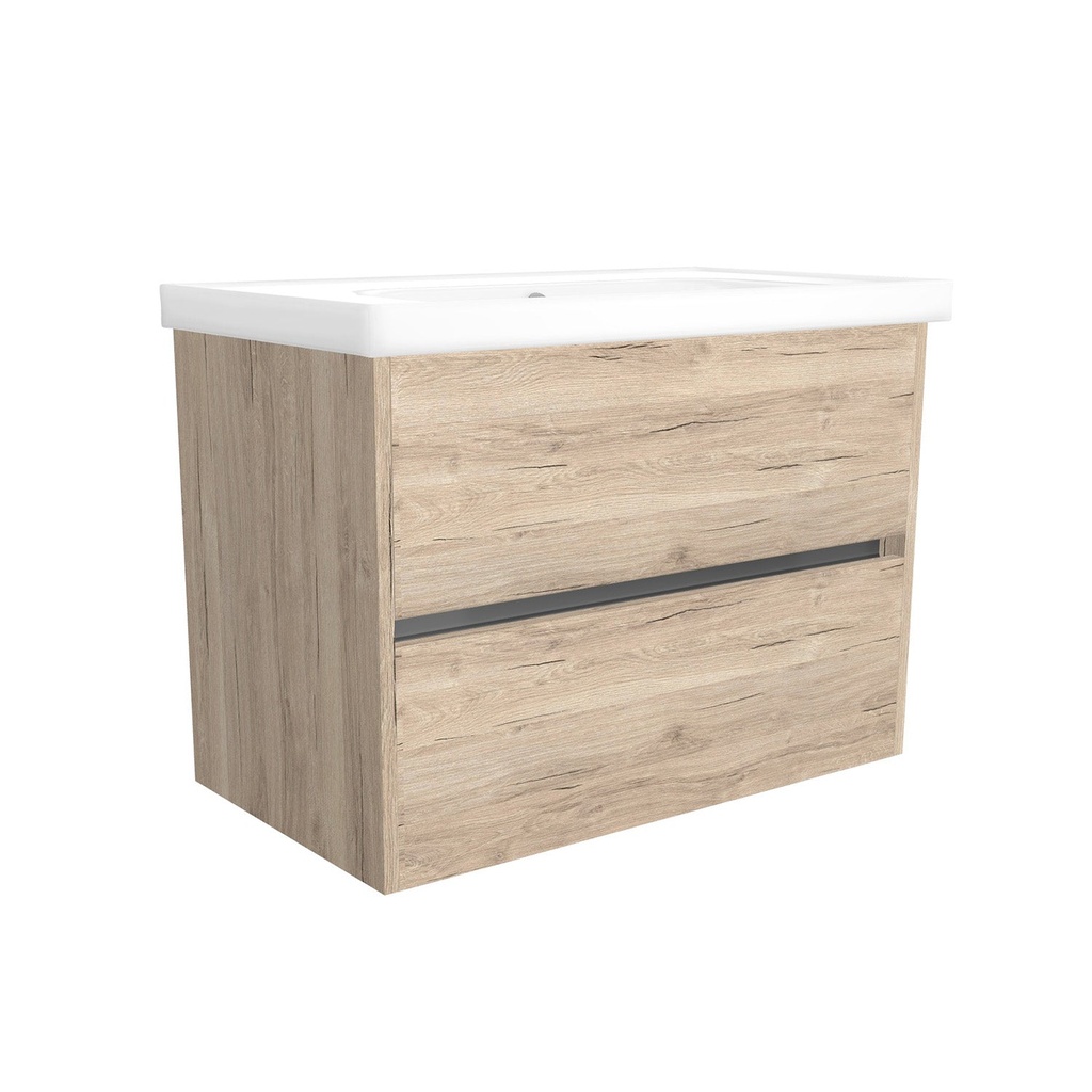 [T-BE-80-OK-DE-WFR] Berlin 80 cm Duitse Eik - Onderkast MDF Softclose Greeploos 2 lades met Keramische Wastafel 1 kraangat - Wastafelmeubel Met Frame Wastafels