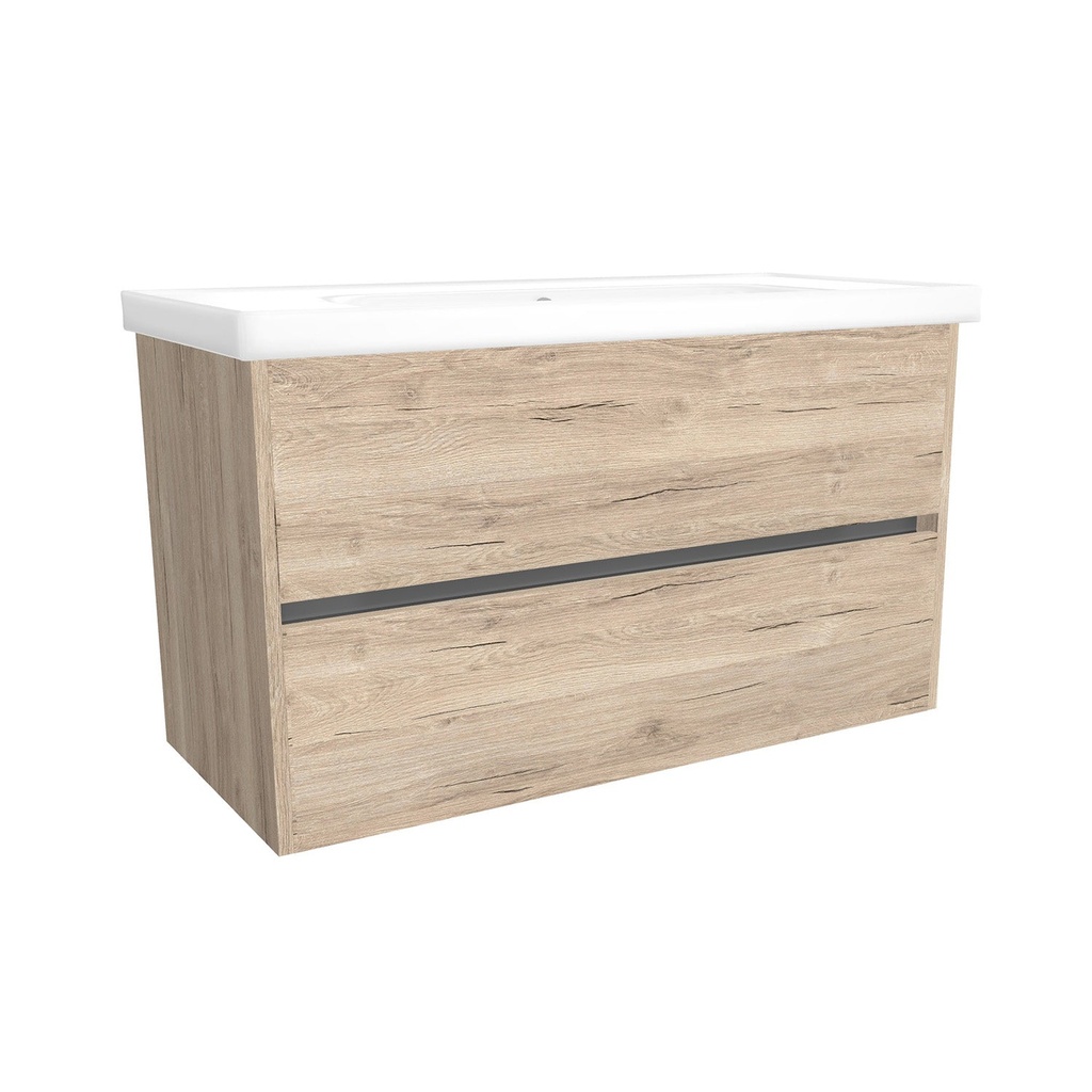 [T-BE-100-OK-DE-W-FR] Berlin 100 cm Duitse Eik - Onderkast MDF Softclose Greeploos 2 lades met Keramische Wastafel 1 kraangat - Wastafelmeubel Met Frame Wastafels