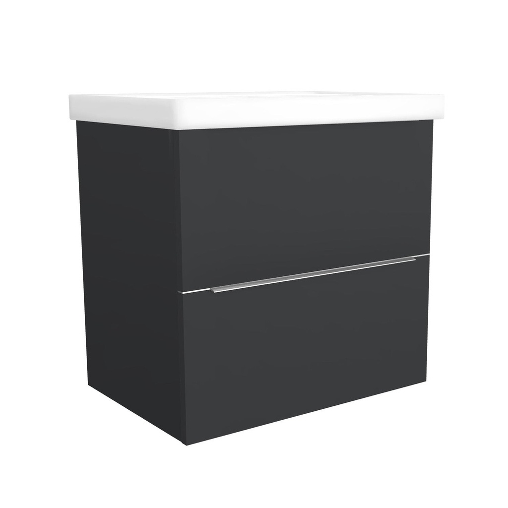 [T-FR-65-OK-MS-W-FR] Frankfurt 65 cm Mat Zwart - Onderkast MDF Softclose Semi handgreep 2 lades met Keramische Wastafel 1 kraangat - Wastafelmeubel Met Frame Wastafels