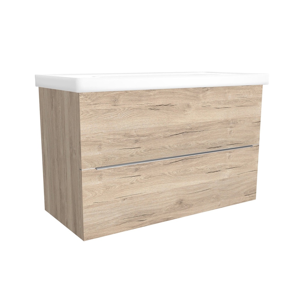 [T-FR-100-OK-DE-W-FR] Frankfurt 100 cm Duitse Eik - Onderkast MDF Softclose Semi handgreep 2 lades met Keramische Wastafel 1 kraangat - Wastafelmeubel Met Frame Wastafels