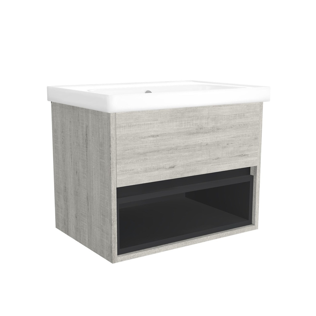 [C-PO-65-OK-LS-WFR] Pohlheim 65 cm Lissabon - Onderkast MDF Softclose Greeploos 1 lade met Keramische Wastafel 1 kraangat - Wastafelmeubel Met Frame Wastafels