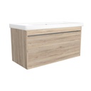Oberhausen 100 cm Duitse Eik - Onderkast MDF Softclose semi handgreep 1 lade met Keramische Wastafel 1 kraangat -Wastafelmeubel Met Frame Wastafels