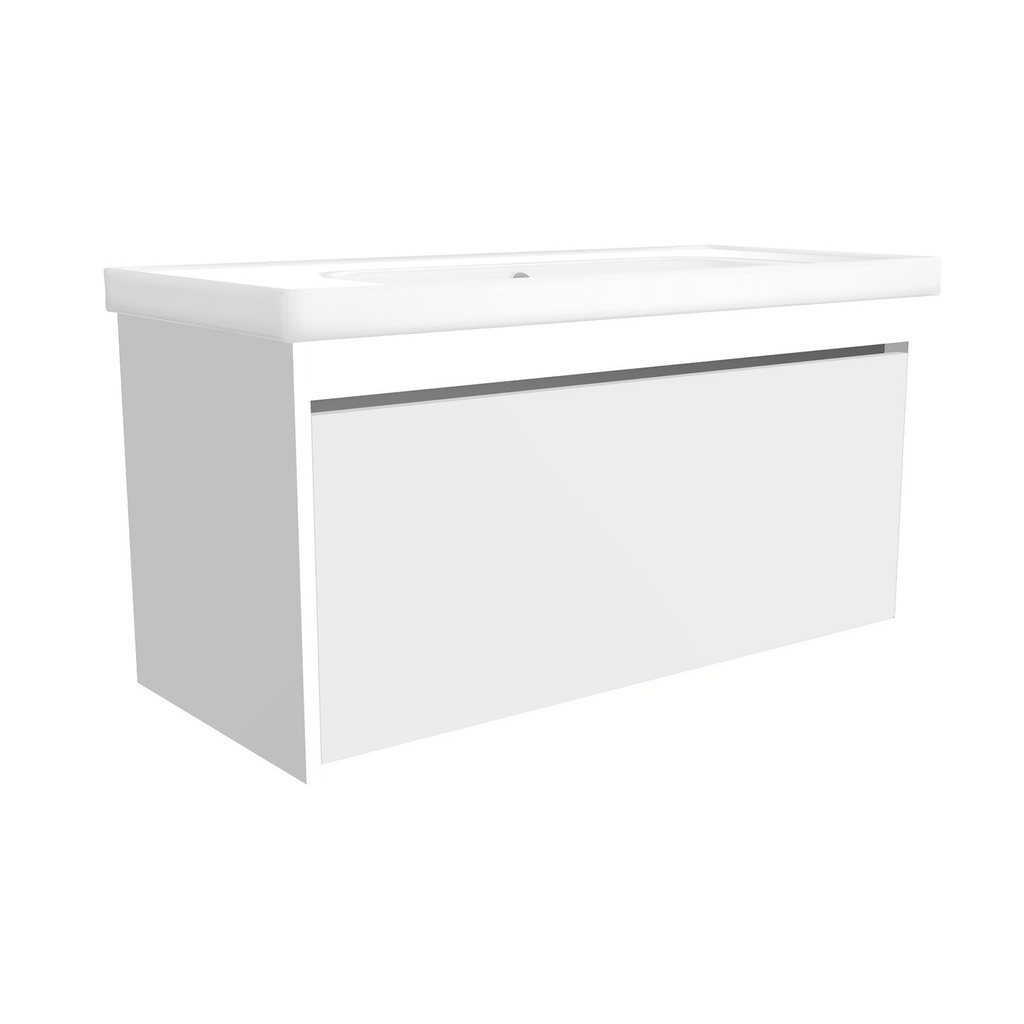 [B-OB-100-OK-HW-WFR] Oberhausen 100 cm Hoogglans Wit - Onderkast MDF Softclose semi handgreep 1 lade met Keramische Wastafel 1 kraangat -Wastafelmeubel Met Frame Wastafels