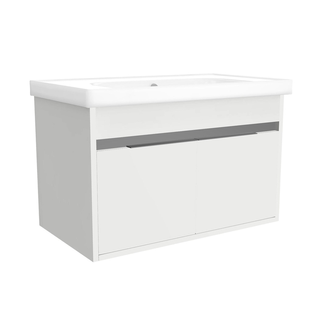 [B-KA-80-OK-HW-WFR] Kassel 80 cm Hoogglans Wit - Onderkast MDF Softclose Semi handgreep 2 deuren met Keramische Wastafel 1 kraangat - Wastafelmeubel Met Frame Wastafels