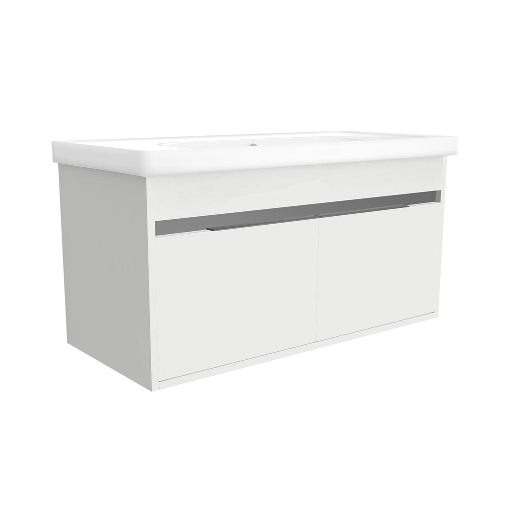 [B-KA-100-OK-HW-WFR] Kassel 100 cm Hoogglans Wit - Onderkast MDF Softclose Semi handgreep 2 deuren met Keramische Wastafel 1 kraangat - Wastafelmeubel Met Frame Wastafels