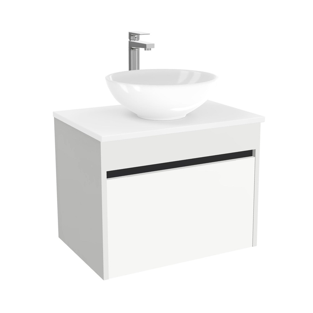 [BAM65HWTWBM25Z] Amsterdam Badkamermeubel 65 cm Hoogglans Wit - Onderkast MDF - Softclose greeploos 2 lades Inclusief keramische waskom met wastafelblad (MDF Zwart 25mm, Toledo)