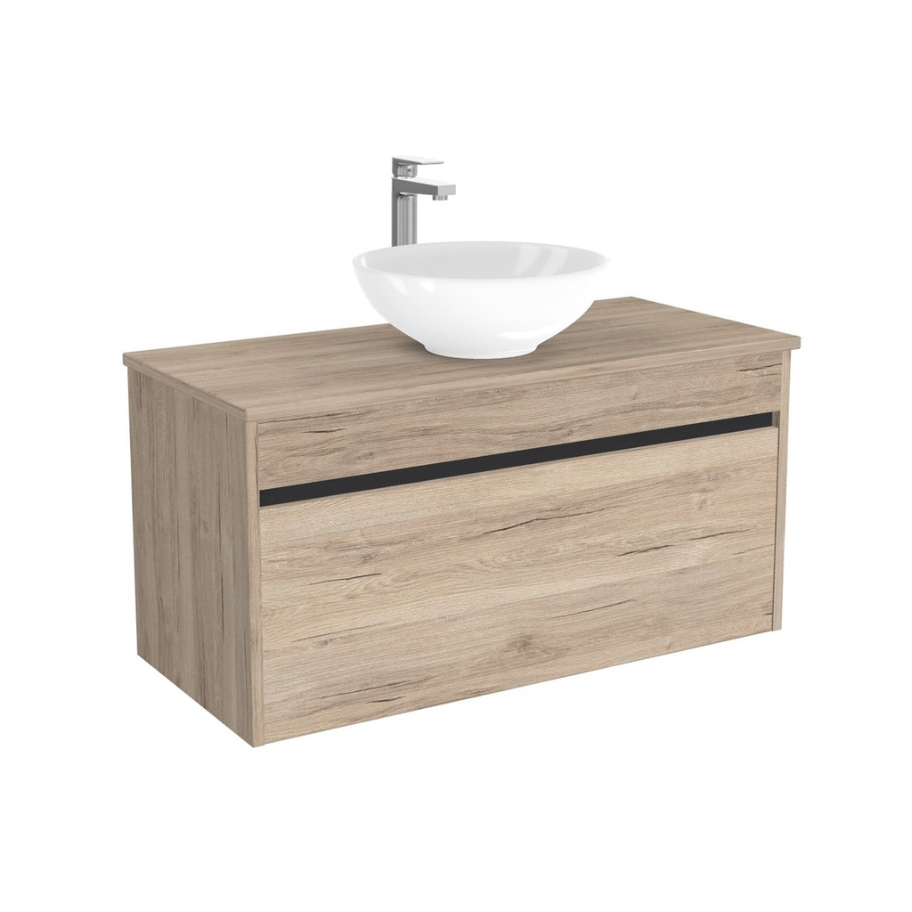 [BAM100EWTWBM25Z] Amsterdam Badkamermeubel 100 cm Duitse Eik - Onderkast MDF - Softclose greeploos 2 lades Inclusief keramische waskom met wastafelblad (MDF Zwart 25mm, Toledo)