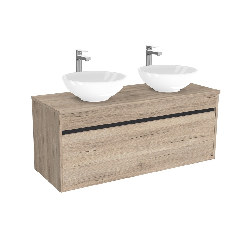 [BAM120EWTWBM25Z] Amsterdam Badkamermeubel 120 cm Duitse Eik - Onderkast MDF - Softclose greeploos 2 lades Inclusief keramische waskom met wastafelblad (MDF Zwart 25mm, Toledo)