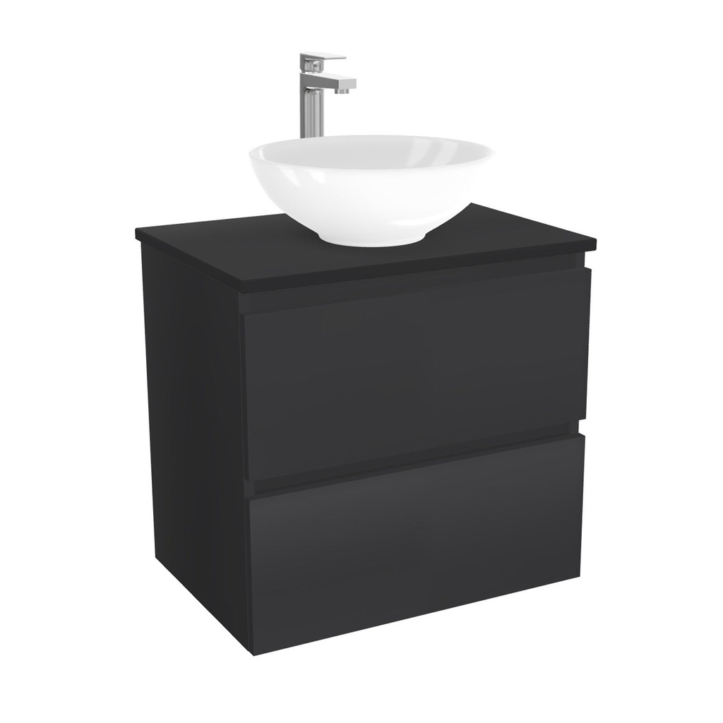 [BBO65ZWTWBM25Z] Bonn Badkamermeubel 65 cm Mat Zwart - Onderkast MDF - Softclose greeploos 2 lades Inclusief keramische waskom met wastafelblad (MDF Zwart 25mm, Toledo)