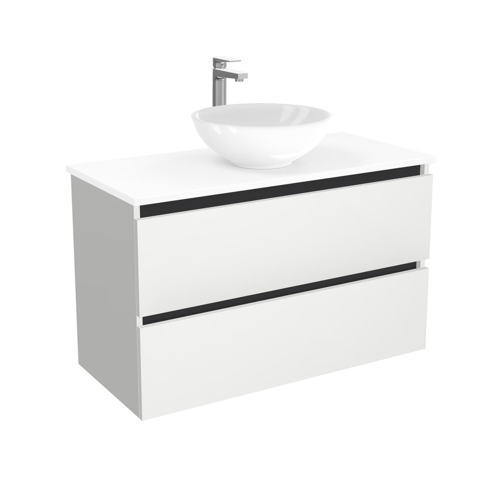 [BBO100HWTWBM25Z] Bonn Badkamermeubel 100 cm Hoogglans Wit - Onderkast MDF - Softclose greeploos 2 lades Inclusief keramische waskom met wastafelblad (MDF Zwart 25mm, Toledo)