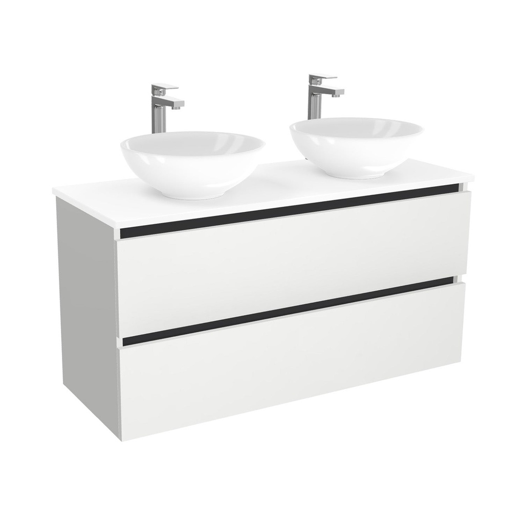 [BBO120HWTWBM25Z] Bonn Badkamermeubel 120 cm Hoogglans Wit - Onderkast MDF - Softclose greeploos 2 lades Inclusief keramische waskom met wastafelblad (MDF Zwart 25mm, Toledo)