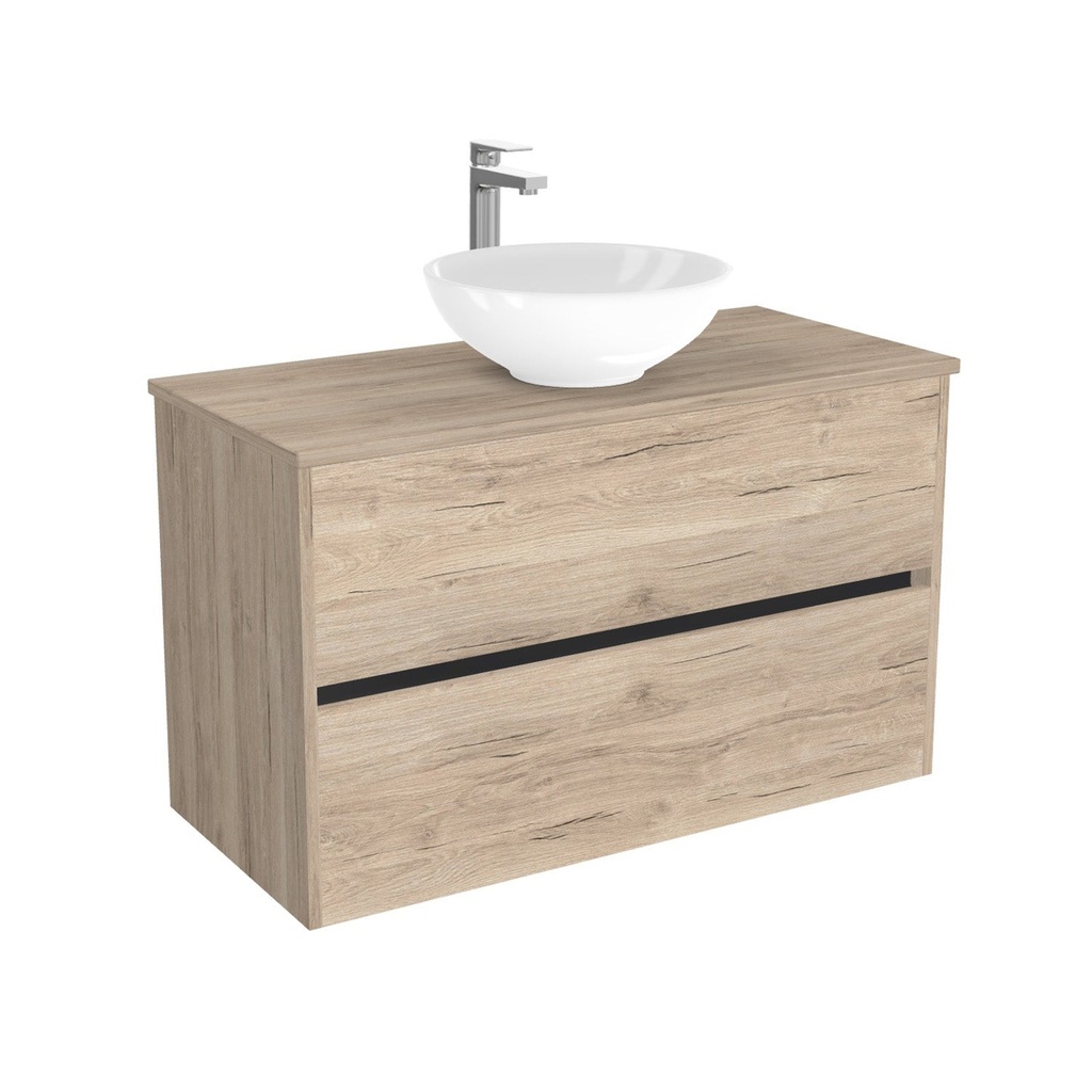 [BBE100EWTWBM25Z] Berlin Badkamermeubel 100 cm Duitse Eik - Onderkast MDF - Softclose greeploos 2 lades Inclusief keramische waskom met wastafelblad (MDF Zwart 25mm, Toledo)